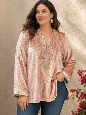 Soft Surroundings Blush Pink Velvet Moroccan Beaded Embellished Tunic Top 1X NWT